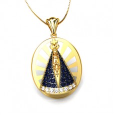 PINGENTE NOSSA SENHORA APARECIDA C/ 3,10G OURO 18K, 0,36CT SAFIRA AZUL E 0,10CT BRILHANTE