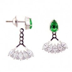 BRINCO EAR JACKET PAVÃO C/ 2,65G OURO BRANCO 18K, 18 ZIRC BRINCA E 02 ZIRC VERDE