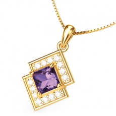 PINGENTE CARRE SIMETRI C/ 1,10G OURO 18K, 0,08CT BRILHANTE E 0,32CT AMETISTA