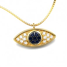 GARGANTILHA OLHO GREGO C/ 2,0G OURO 18K, 12 ZIRCONIAS BRANCA E 0,04CT SAFIRA AZUL